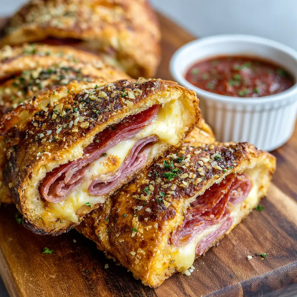 Ultimate Homemade Italian Stromboli with a Blistered Sesame Crust 1 Close up of a glossy egg wash finish on a stromboli crust sprinkled with sesame seeds, coarse sea salt, and green parsley, sitting next to a white ramekin of marinara dipping sauce.