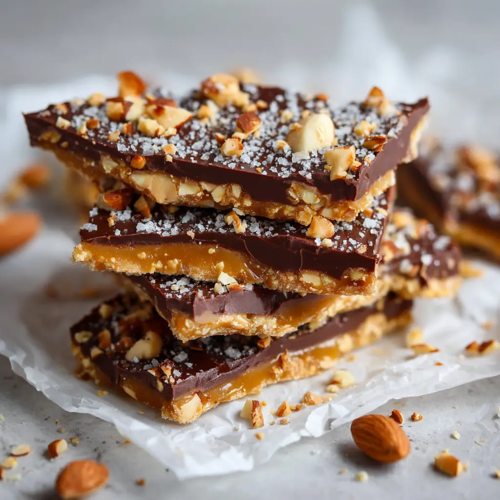 Close up of golden-amber hardened butter toffee base layered with milk chocolate and almonds. (English Toffee Recipe)