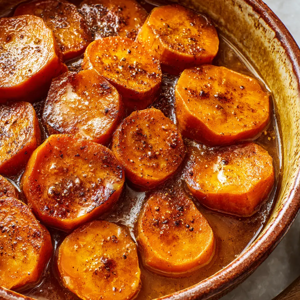 Macro view showing the sticky, glistening surface of sweet potatoes generously coated in amber syrup and visible cinnamon specks.