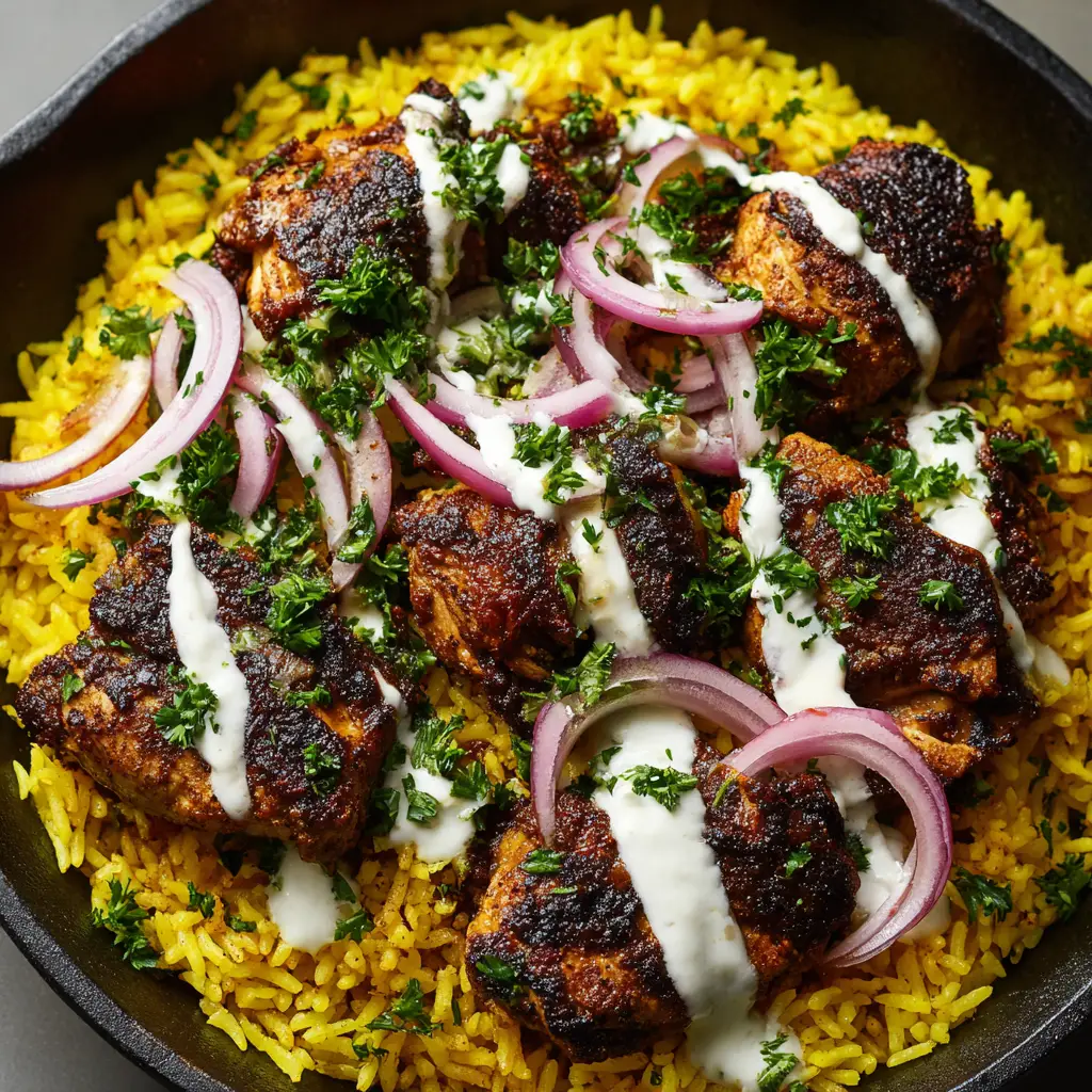 A close-up, top-down shot of a one-pot chicken shawarma and rice dish in a matte black cast iron skillet drizzled with garlic tahini sauce.