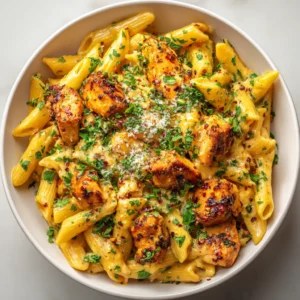 Overhead view of cooked penne pasta and chicken breast chunks covered in a golden-yellow cowboy butter sauce, garnished with fresh green parsley and parmesan.