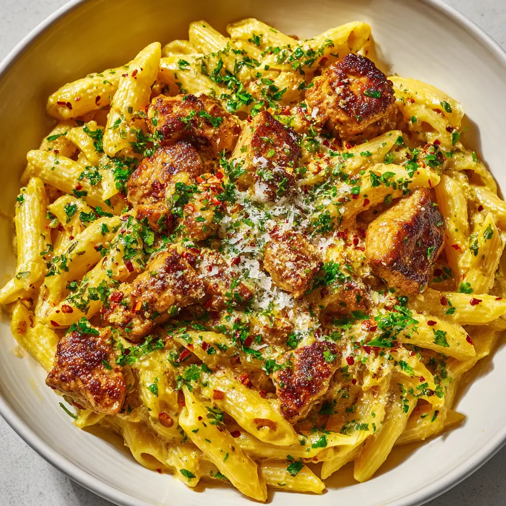 The Ultimate Cowboy Butter Chicken Pasta Recipe 1 Close up of pan-seared golden-brown chicken chunks mixed with penne, red pepper flakes, and minced garlic in a buttery sauce.