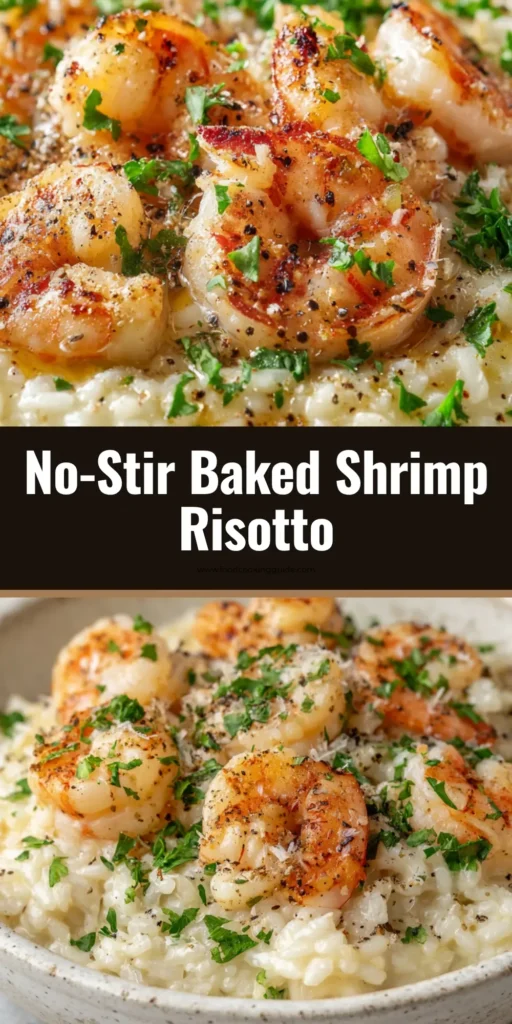 A rustic white ceramic bowl filled with Oven Baked Shrimp Risotto, featuring creamy arborio rice, glossy melted parmesan butter sauce, pink seared shrimp, and chopped parsley.