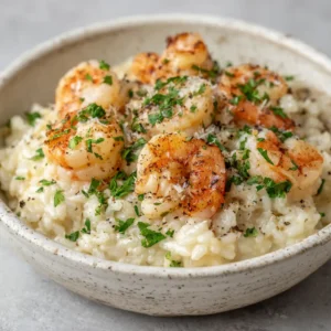 Close up of creamy cooked arborio rice coated in a glossy melted parmesan butter sauce inside a rustic white ceramic bowl for Oven Baked Shrimp Risotto.