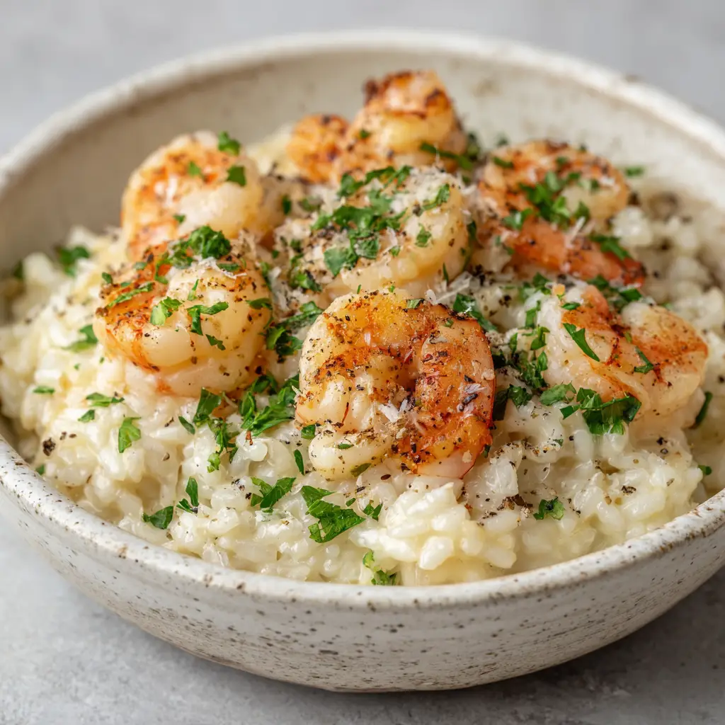 Close up of creamy cooked arborio rice coated in a glossy melted parmesan butter sauce inside a rustic white ceramic bowl for Oven Baked Shrimp Risotto.
