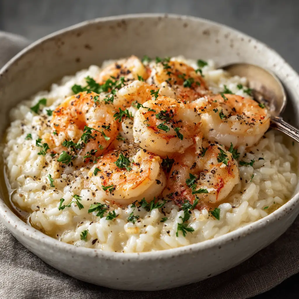 Plump pink cooked shrimp with seared edges resting on top of creamy Oven Baked Shrimp Risotto, garnished with fresh green parsley and cracked black pepper.