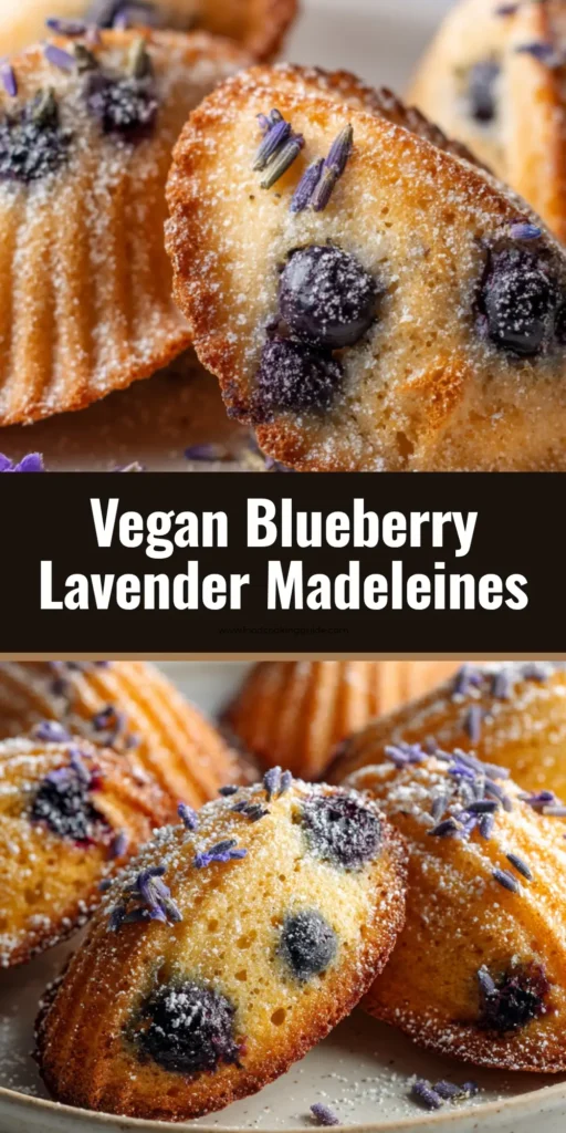 Vegan Blueberry Lavender Madeleines: The Ultimate Botanical Pastry Guide 4 Close-up overhead view of Vegan Blueberry Lavender Madeleines resting on a light neutral ceramic plate, dusted with powdered sugar and scattered with lavender buds.