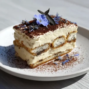Close up of Earl Grey Tiramisu showing distinct layers of tea-soaked ladyfingers and thick smooth ivory mascarpone cream.