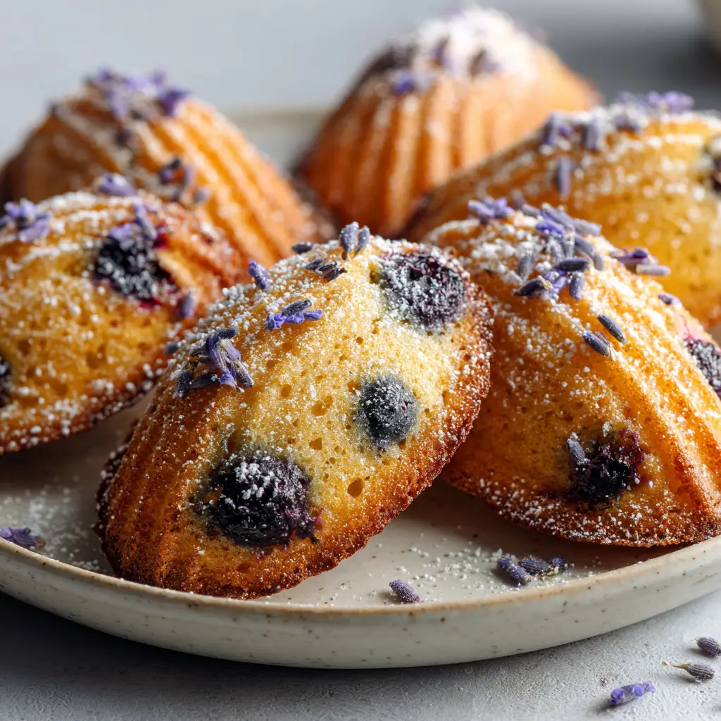 Close-up of golden baked shell-shaped madeleine sponge cakes resting on a light neutral ceramic plate in soft natural daylight.