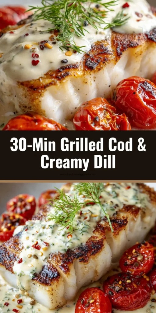 A shallow ceramic plate holding a thick grilled cod fillet with grill marks over blistered cherry tomatoes, topped with a creamy white dill sauce. (Grilled Cod Recipe)