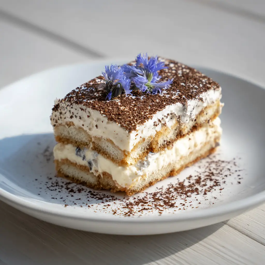 Top view of Earl Grey Tiramisu dusted with cocoa powder, crushed tea leaves, and garnished with blue cornflower petals.