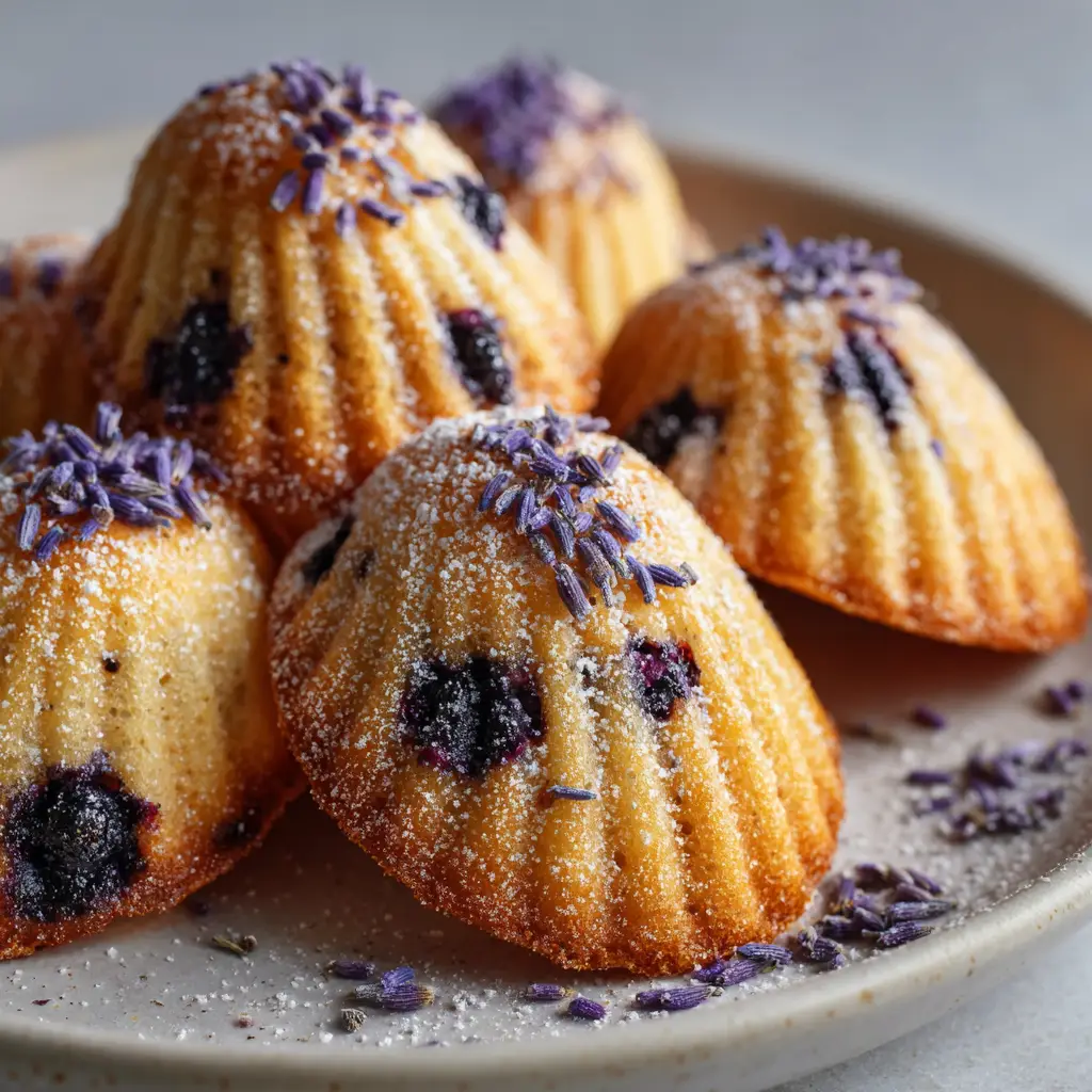 Vegan Blueberry Lavender Madeleines: The Ultimate Botanical Pastry Guide 1 A slightly porous baked sponge texture studded with small cooked dark purple blueberries, heavily dusted with fine white powdered sugar.