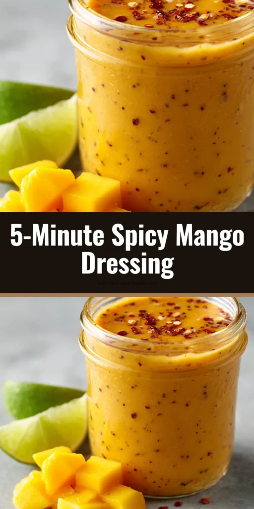 A small clear glass pouring jar filled with a thick, vibrant golden-orange blended Mango Salad Dressing, heavily speckled with dried crushed red pepper flakes alongside raw diced yellow mango chunks.