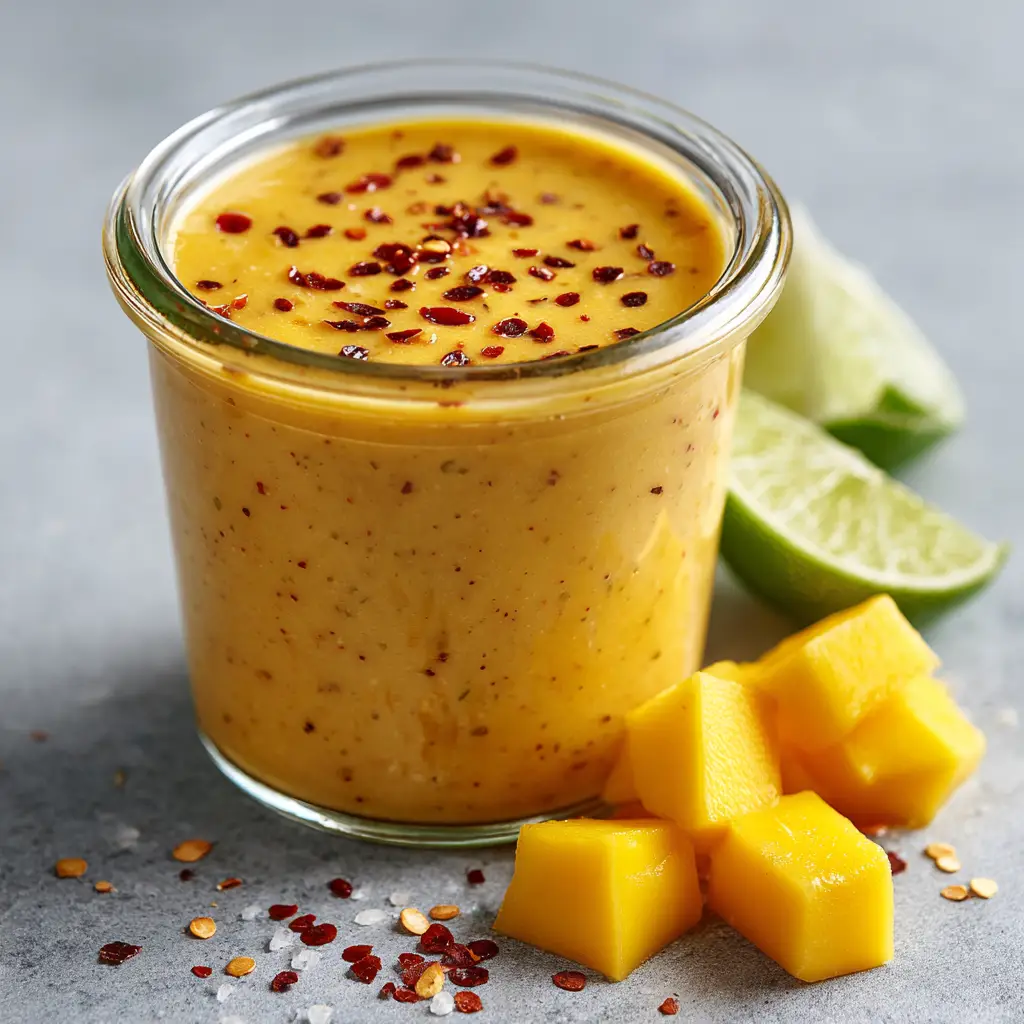 Home 8 A small clear glass pouring jar filled with a thick, vibrant golden-orange blended Mango Salad Dressing resting on a light grey stone surface with a fresh green lime wedge.