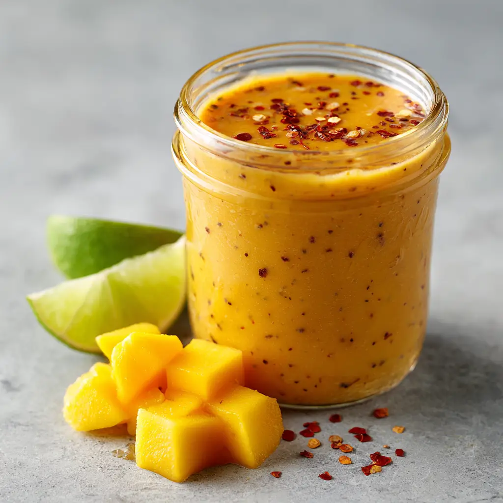 Close up of raw diced yellow mango chunks and a vibrant green freshly sliced lime wedge sitting next to a jar of mango vinaigrette with a tiny dusting of red pepper flakes.