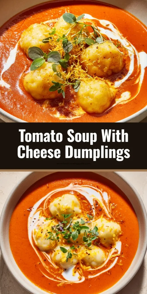 Creamy Tomato Soup with Soft Cheese Dumplings 4 A meticulous close-up of a bowl of creamy tomato soup with soft pale-yellow cheese dumplings, a swirl of white cream, fresh green marjoram, and melted cheddar bits.