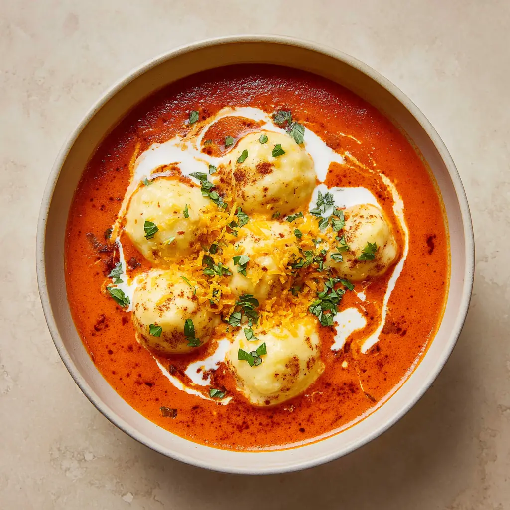 A thick, velvety reddish-orange tomato soup base served in a smooth shallow white ceramic bowl resting on a neutral countertop.