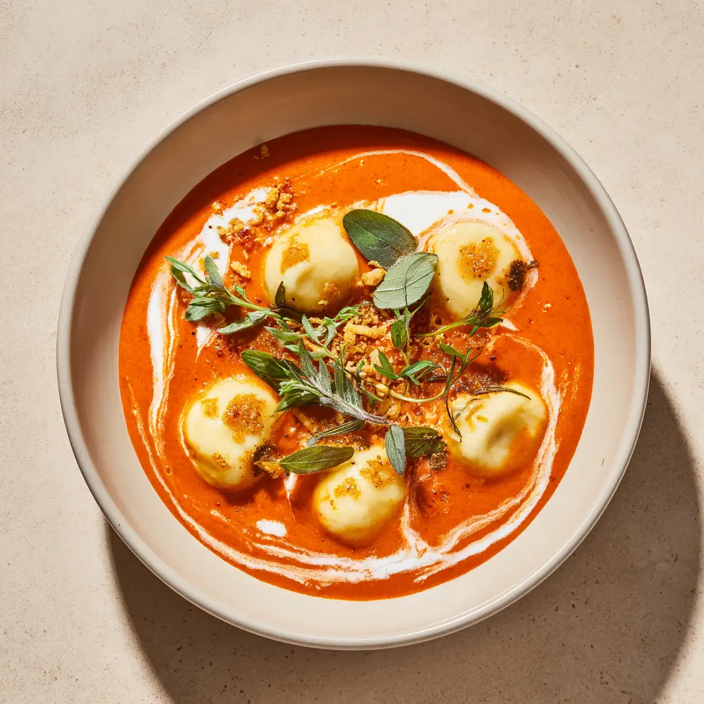 Creamy Tomato Soup with Soft Cheese Dumplings 1 Close-up detail of plump, tender cheese dumplings coated in rich creamy tomato soup, garnished with marjoram and cheddar.