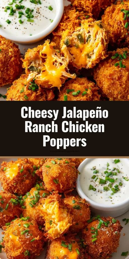 A towering stack of crispy, golden-brown Jalapeño Ranch Chicken Poppers alongside a ramekin of thick creamy white dipping sauce topped with chives.