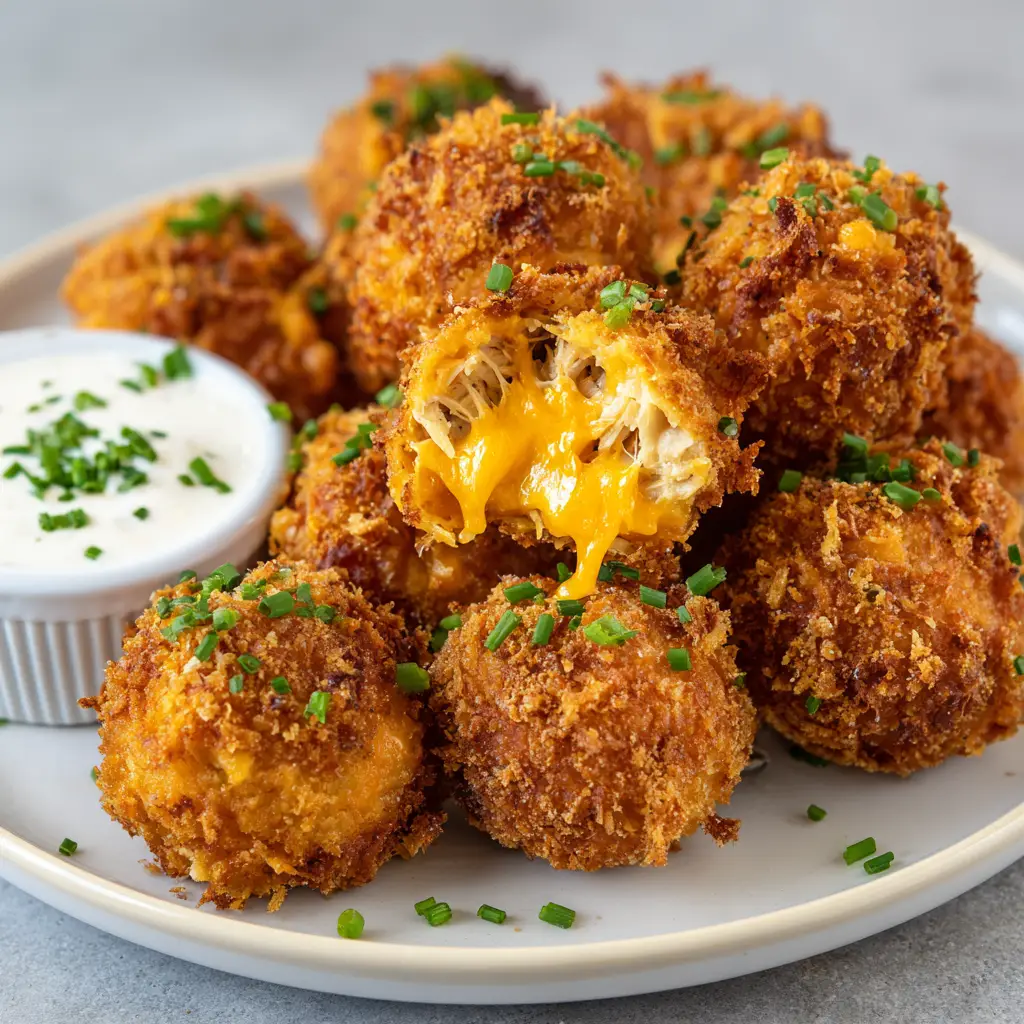 A cracked open golden-brown fried chicken popper revealing tender shredded chicken, melted orange sharp cheddar cheese, and diced green jalapeno peppers on a white plate.