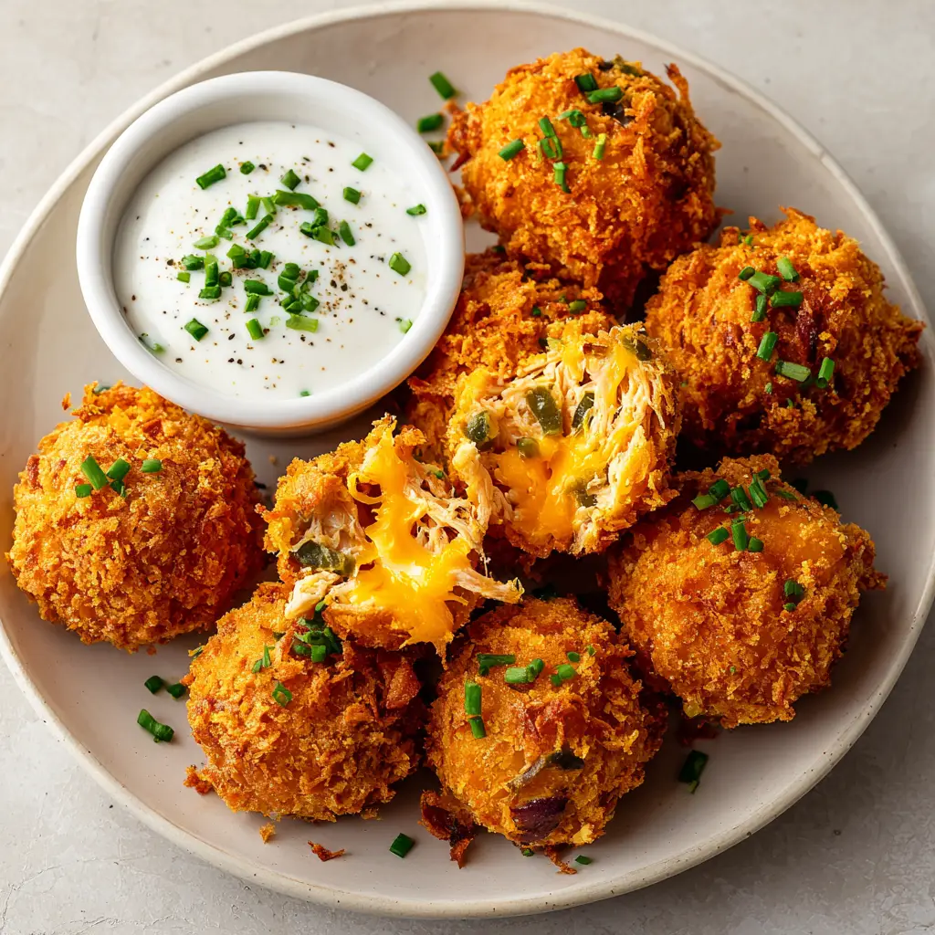 Golden-brown spherical chicken poppers resting next to a small white ramekin filled with thick creamy white dipping sauce, garnished with fresh chives.