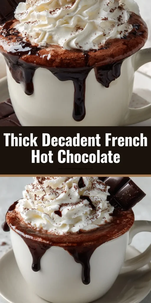 Decadent Parisian-Style French Hot Chocolate 4 A ceramic mug filled with thick, dark brown French Hot Chocolate, topped with fluffy white whipped cream, glossy chocolate drizzle, cocoa powder, and a dark chocolate square.