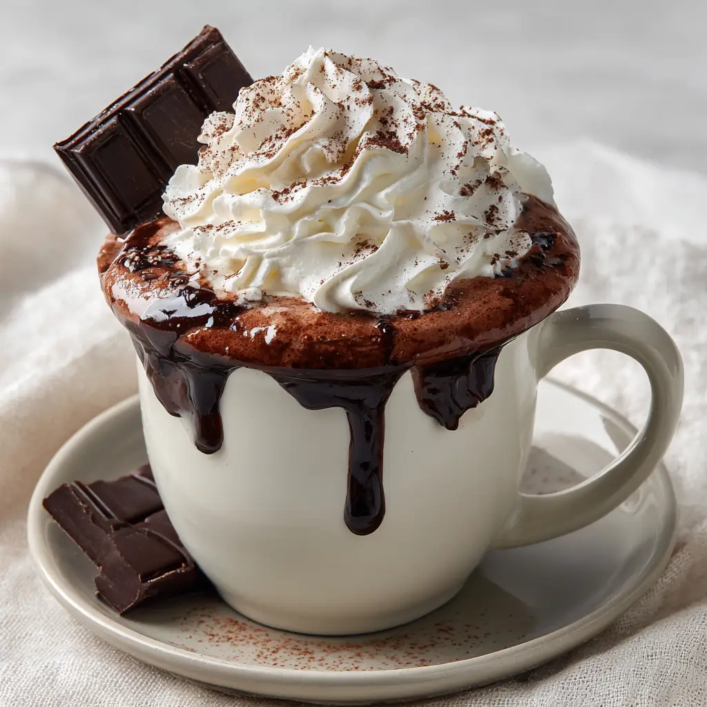 Close up view of decadent French Hot Chocolate in a ceramic mug with a large swirl of whipped cream and chocolate syrup drizzle on a simple saucer.