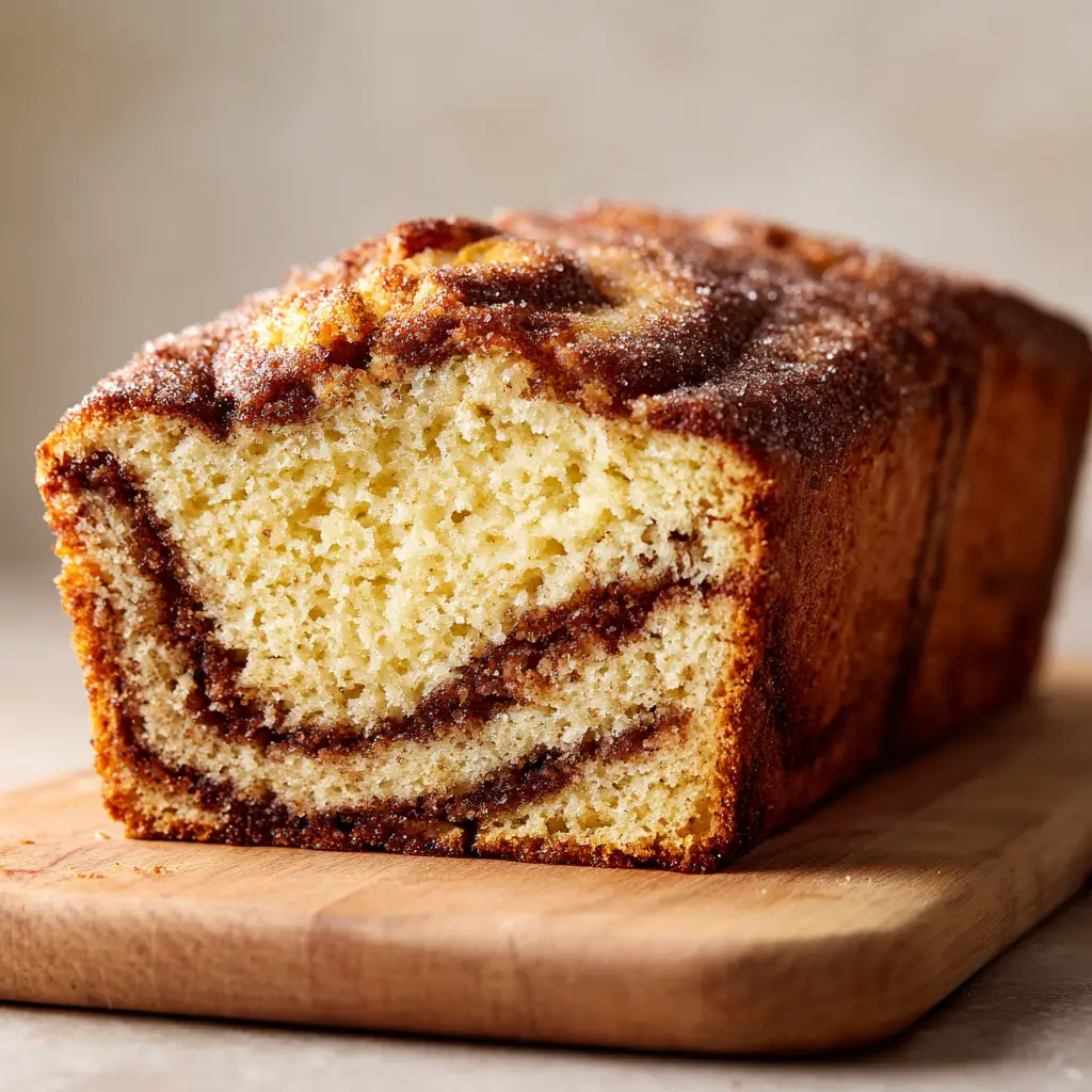 Close up of a partially sliced sourdough discard cinnamon quick bread on a light wood cutting board, showcasing a thick dark brown wavy cinnamon sugar swirl and pale yellow moist crumb.