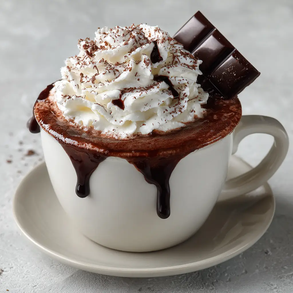 Decadent Parisian-Style French Hot Chocolate 1 A square of dark chocolate resting against fluffy whipped cream on top of thick French Hot Chocolate in soft natural daylight.