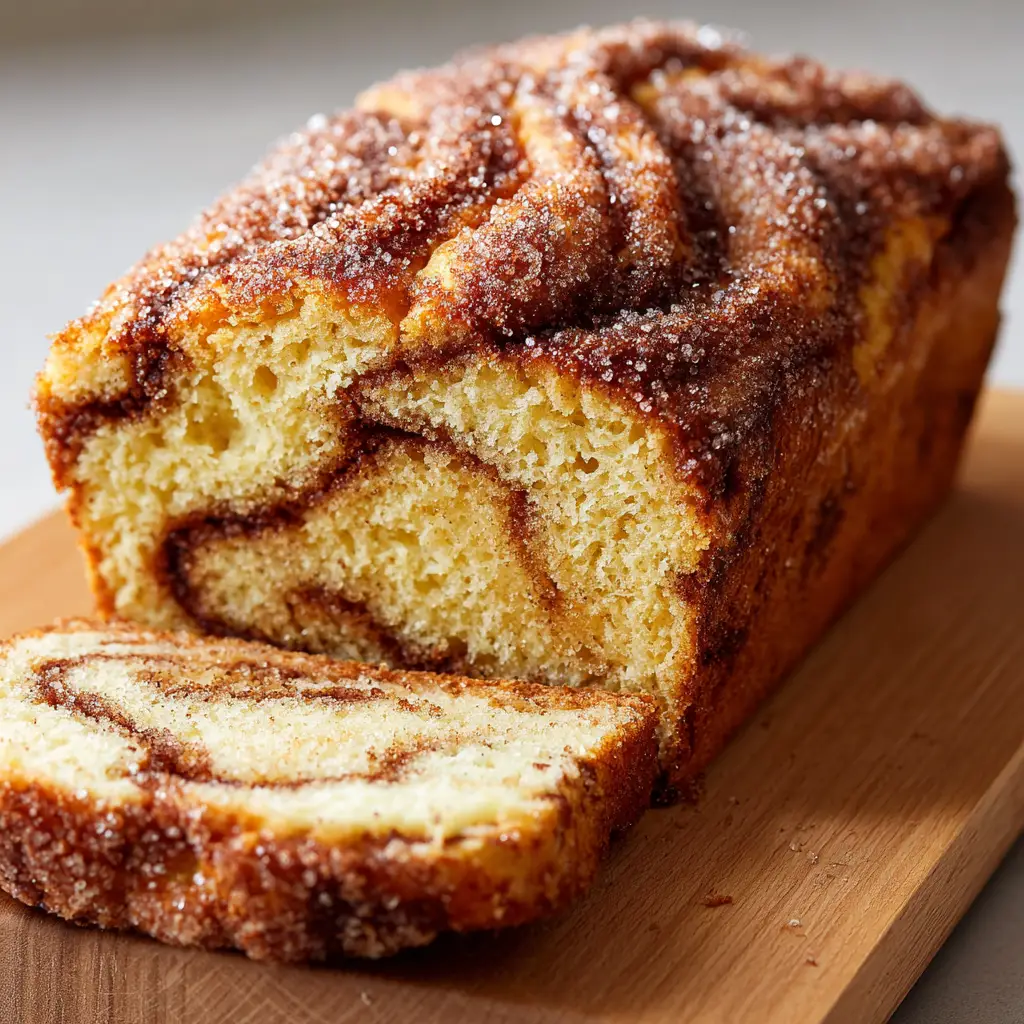 Sourdough Discard Cinnamon Bread: The Ultimate Wavy Swirl Loaf 1 Top down view of a baked sourdough discard cinnamon bread loaf highlighting the slightly domed, cracked crust generously covered in baked cinnamon and coarse sugar crystals.