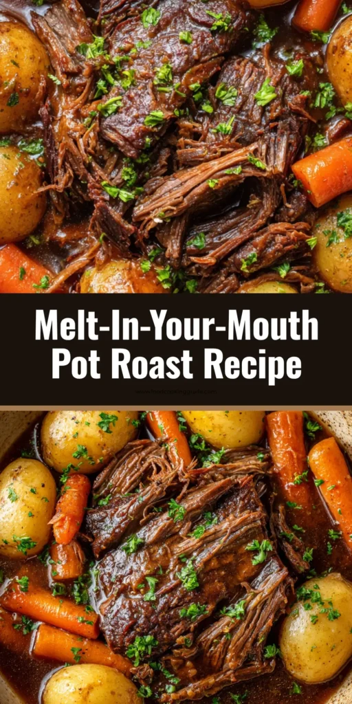 A close-up view of a classic Pot Roast Recipe served in a rustic ceramic dish, featuring thick shreds of slow-cooked beef chuck covered in glossy dark brown gravy, whole baby Yukon potatoes, and thick diagonal-cut carrots.