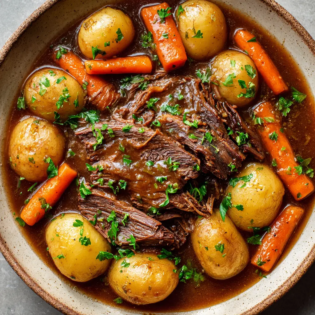 Top-down view of tender beef chuck roast naturally separating into thick shreds, coated in savory pan gravy, surrounded by baby potatoes and orange carrots. (Pot Roast Recipe)