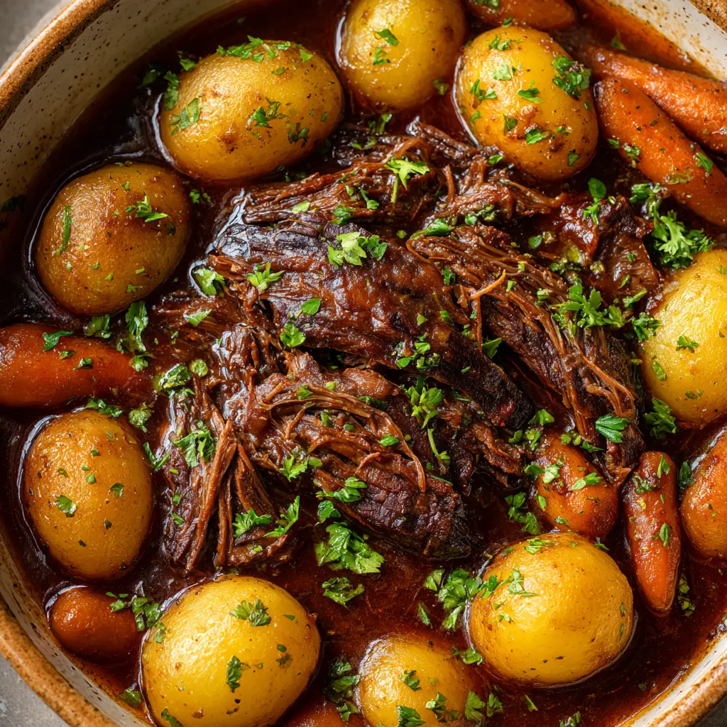 Close-up of glossy, dark brown savory gravy pooling around thick-cut carrots and delicate skin-on baby Yukon gold potatoes.