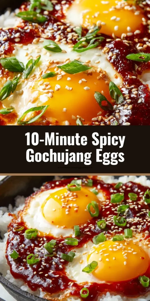 Spicy Gochujang Eggs (10-Minute Crispy & Glossy Recipe) 3 Close up of two sunny-side-up fried eggs with crispy whites and soft yolks in a glossy red gochujang sauce, topped with scallions and sesame seeds. (Spicy Gochujang Eggs)
