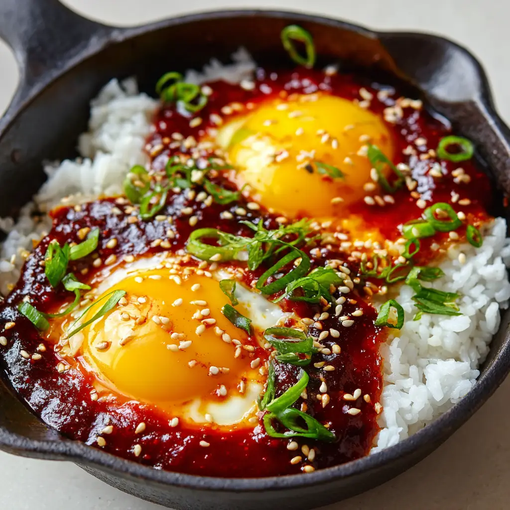 Small black cast-iron skillet holding two fried eggs simmering in a thick, deep crimson-red gochujang glaze. (Spicy Gochujang Eggs)