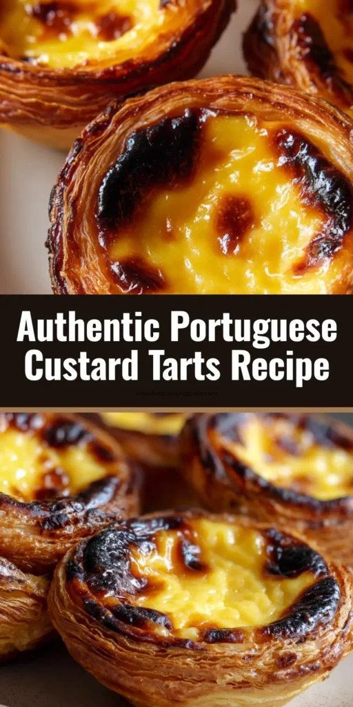 Authentic Portuguese Custard Tarts (Pastéis de Nata) 4 A close up shot of freshly baked Portuguese custard tarts, pastel de nata, with a flaky puff pastry crust and blistered caramelized spots on the surface.