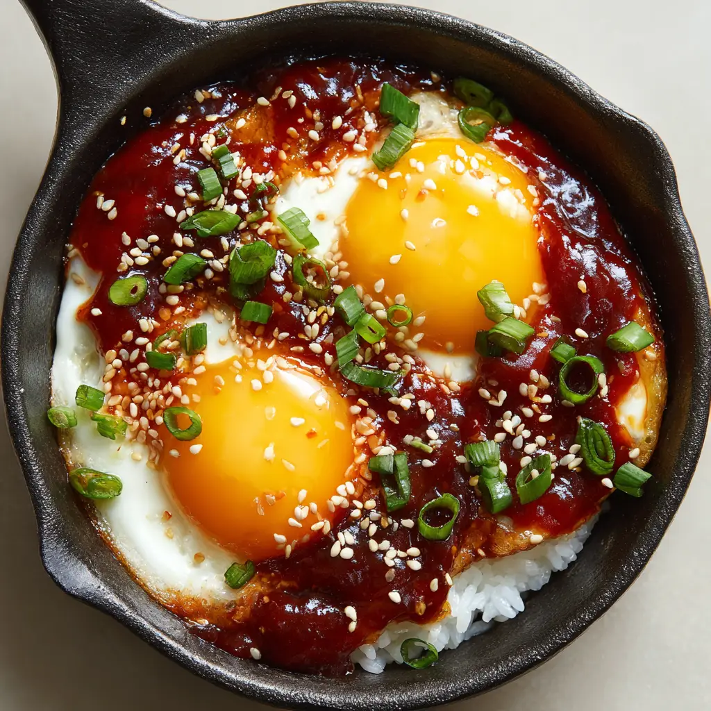 Spicy Gochujang Eggs (10-Minute Crispy & Glossy Recipe) 1 Handheld photo showing fluffy white steamed rice underneath spicy gochujang eggs heavily garnished with green scallions and white sesame seeds.