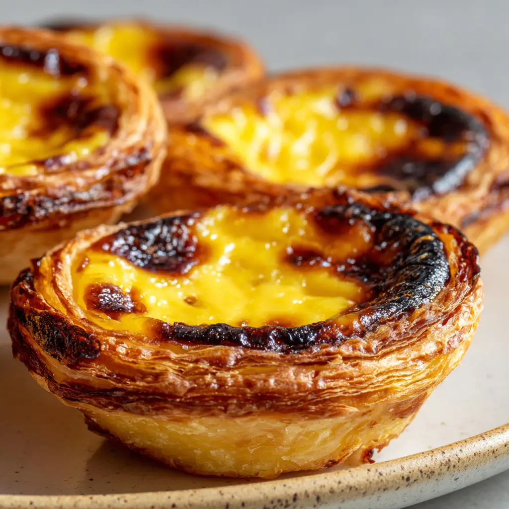 Ingredients for Portuguese Custard Tarts including puff pastry, egg yolks, milk, and sugar on a neutral background.