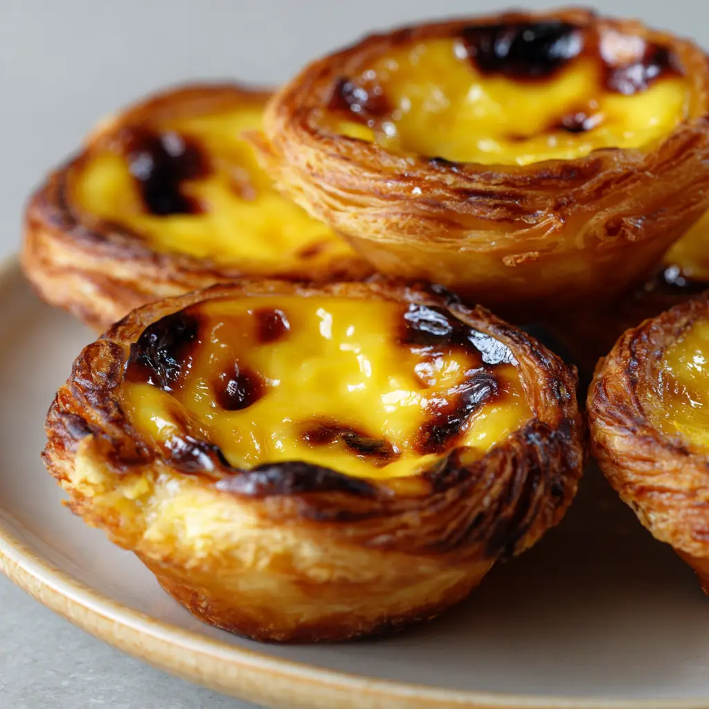 Authentic Portuguese Custard Tarts (Pastéis de Nata) 1 Close up view of the glossy yellow egg custard filling sinking slightly in the center of a flaky pastry crust.