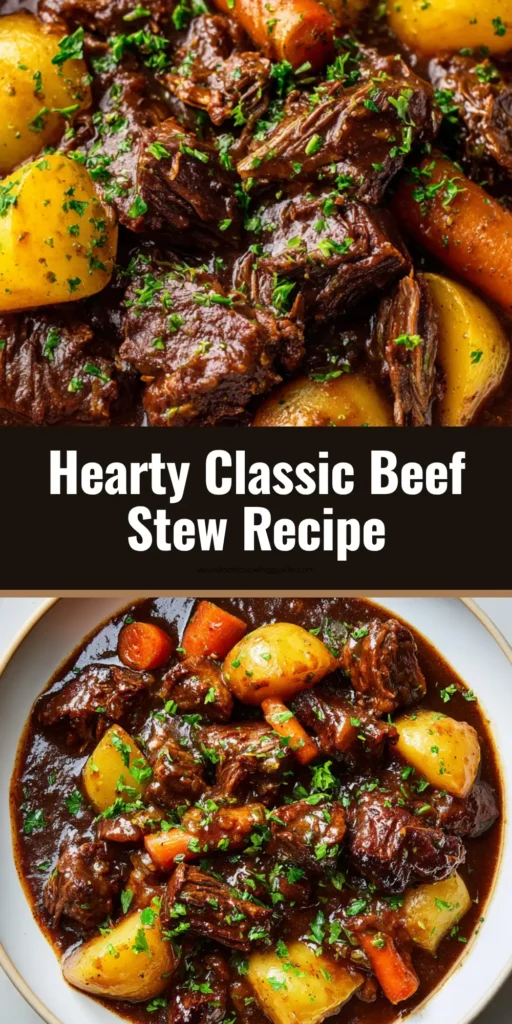 A steaming bowl of classic beef stew with thick glossy dark brown gravy, tender shredded beef, chunky yellow potatoes, orange carrots, and fresh parsley.