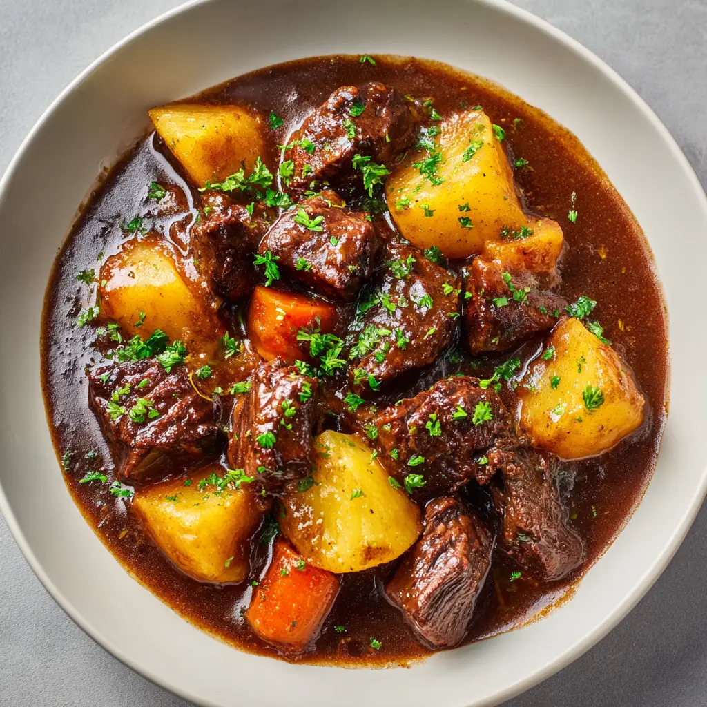 Close-up of a classic beef stew served in a white ceramic bowl showing thick gravy, deeply browned beef edges, potatoes, and carrots.