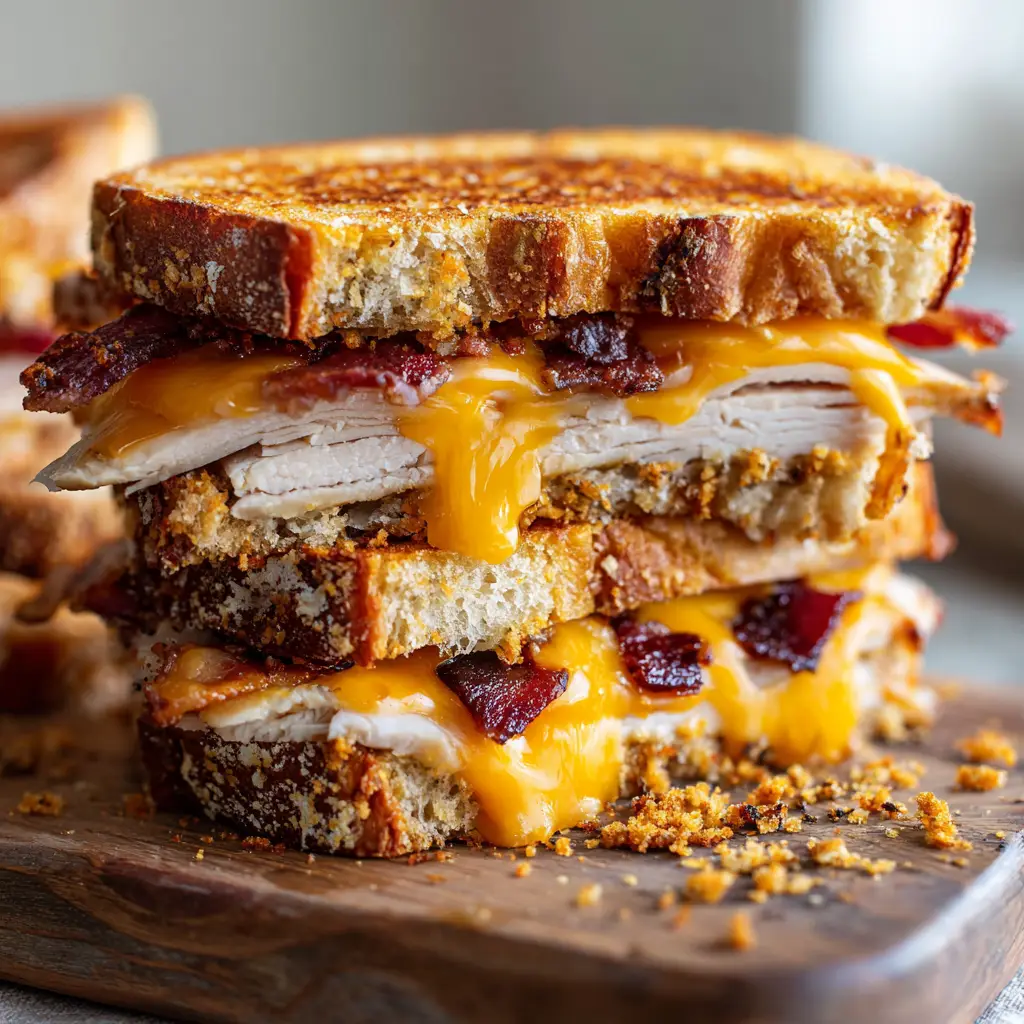 Home 8 Close-up of golden-brown toasted sourdough bread and thick layers of bright orange cheddar cheese oozing from a Cheddar Bacon Turkey Melt.