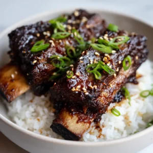 Raw bone-in beef short ribs seasoned and ready to be seared alongside fresh ginger, garlic, and soy sauce.