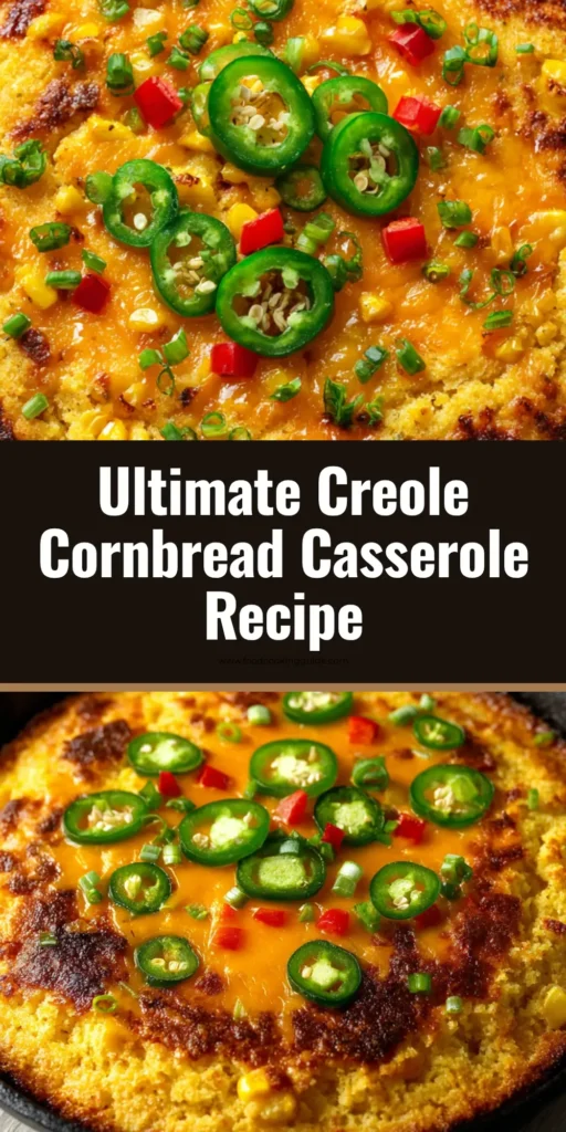 A freshly baked Creole cornbread casserole inside a seasoned black cast-iron skillet with a heavily charred dark brown crust, melted bubbly orange cheddar cheese, and fresh raw green jalapenos and diced red bell pepper on top.