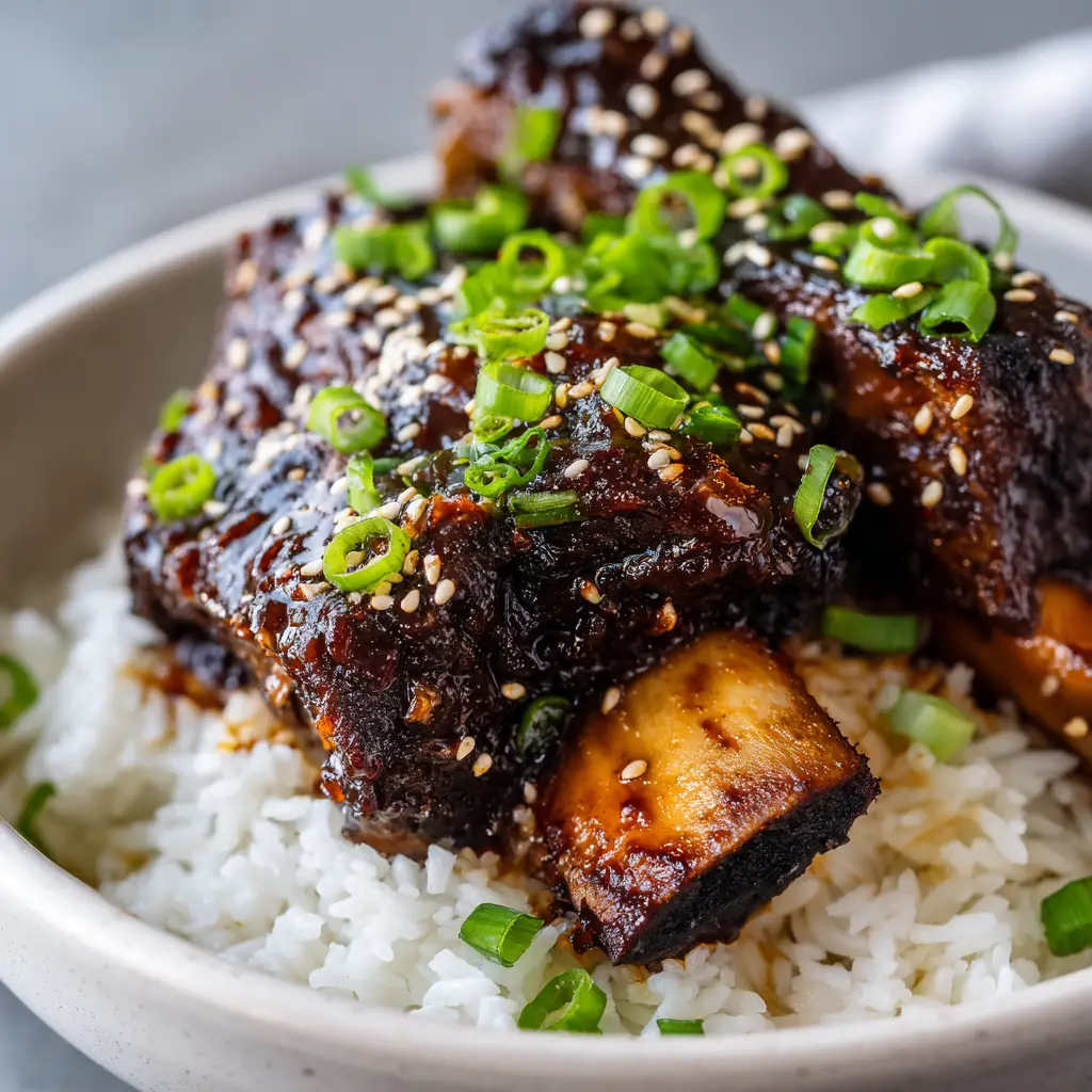 Asian Beef Short Ribs (Slow-Roasted with a Sticky Soy Glaze) 1 Sizzling Asian beef short ribs in a Dutch oven coated in a thick, dark, and bubbling sticky soy glaze.