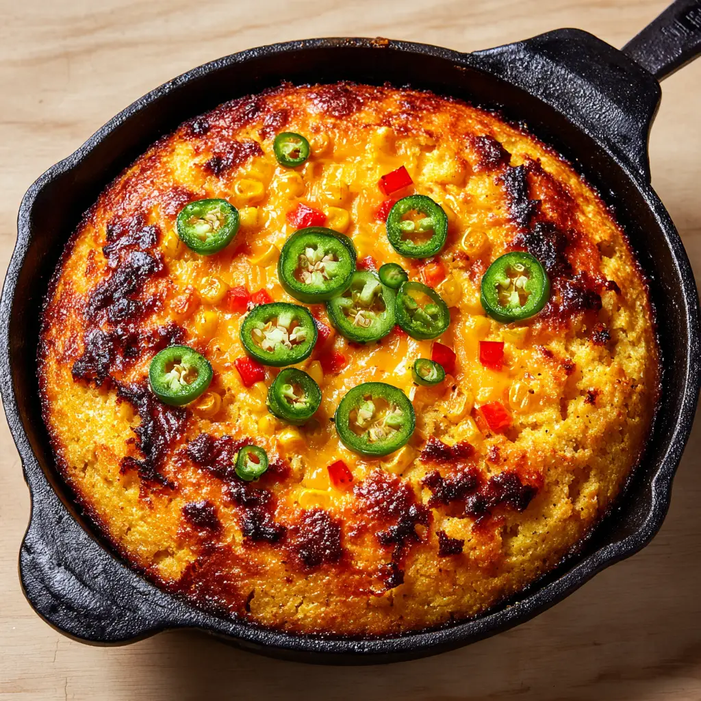 Top-down view of thick, crumbly golden-yellow Creole cornbread casserole base showing the cracked uneven surface before the cheese is melted.