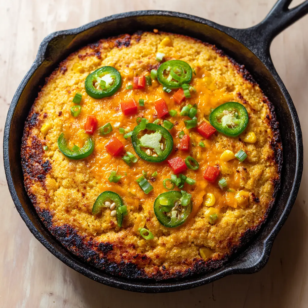 Close-up of a perfectly baked Creole cornbread in a black cast-iron skillet, featuring heavily charred crispy dark brown edges.