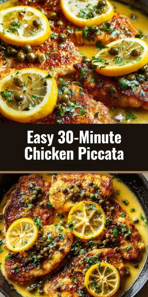 Classic Chicken Piccata in a Lemon-Butter Caper Sauce 3 A close-up view of golden-brown pan-seared chicken breast cutlets submerged in a glossy, light yellow lemon-butter sauce with capers and lemon wheels.