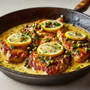 Raw chicken breast cutlets beautifully dredged in seasoned flour beside fresh lemons, capers, and parsley.