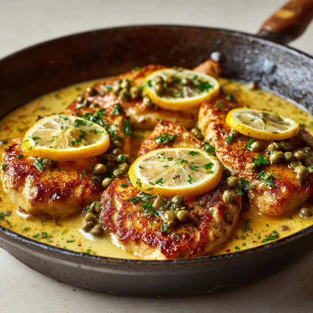 Raw chicken breast cutlets beautifully dredged in seasoned flour beside fresh lemons, capers, and parsley.
